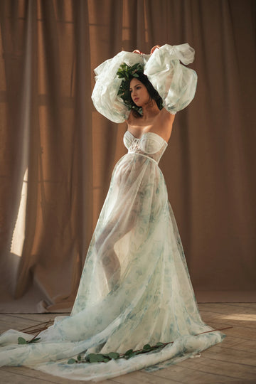 Mqtime Charming Bloom Maternity Dresses for Photo Shoot Sheer Floral Tulle Pregnancy Photography Dress with Detachable Sleeves Custom